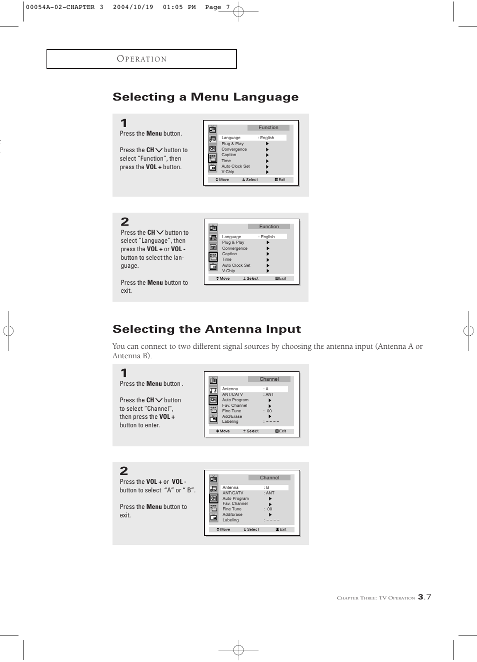 Selecting a menu language, Selecting the antenna input | Samsung HCN553W User Manual | Page 31 / 71