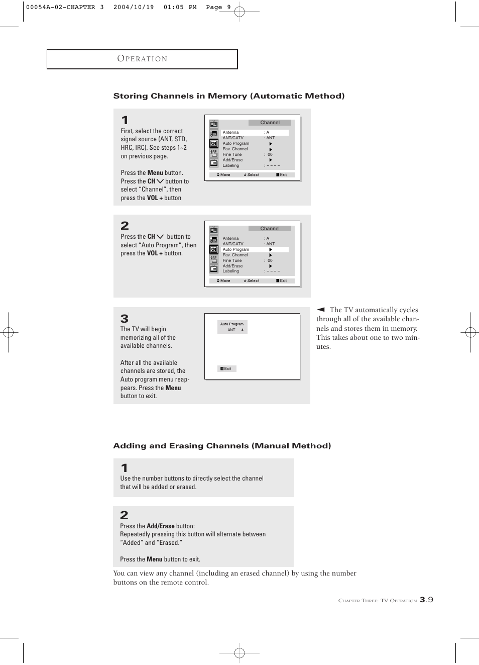 Storing channels in memory (automatic method), Adding and erasing channels (manual method) | Samsung HCN553W User Manual | Page 33 / 71