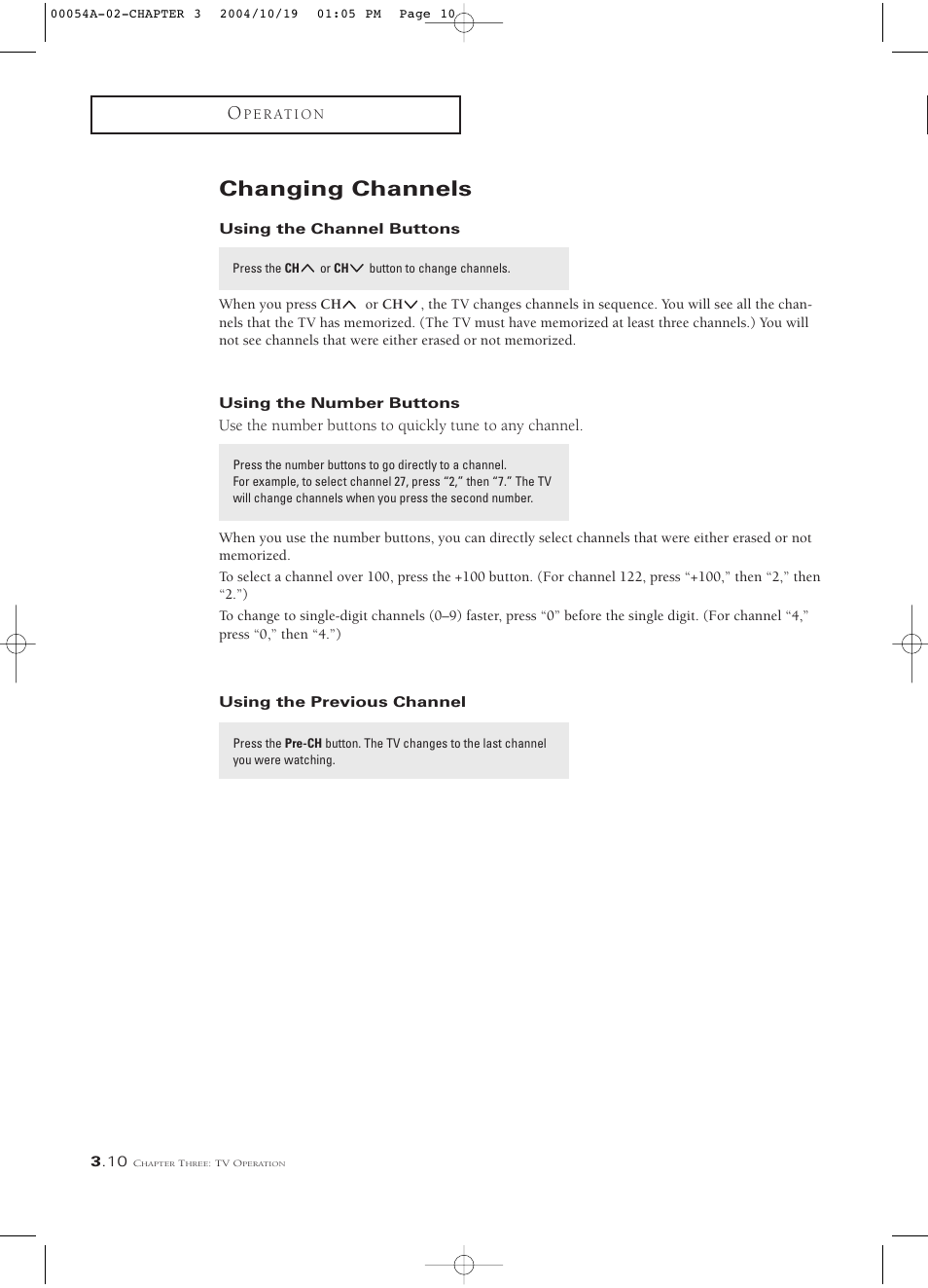 Changing channels, Using the channel buttons, Using the number buttons | Using the previous channel | Samsung HCN553W User Manual | Page 34 / 71