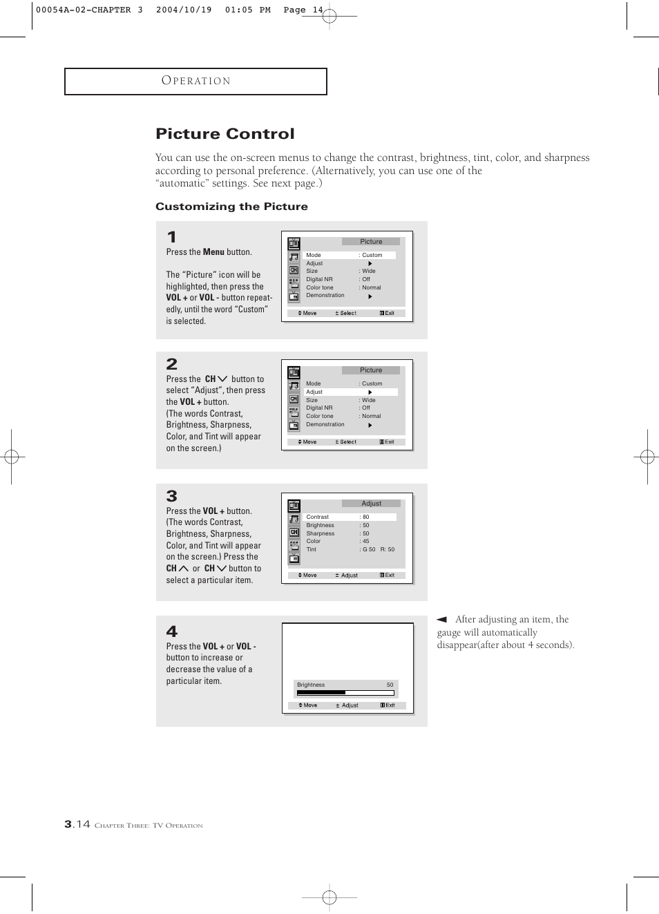 Picture control, Customizing the picture, P e r at i o n | Samsung HCN553W User Manual | Page 38 / 71