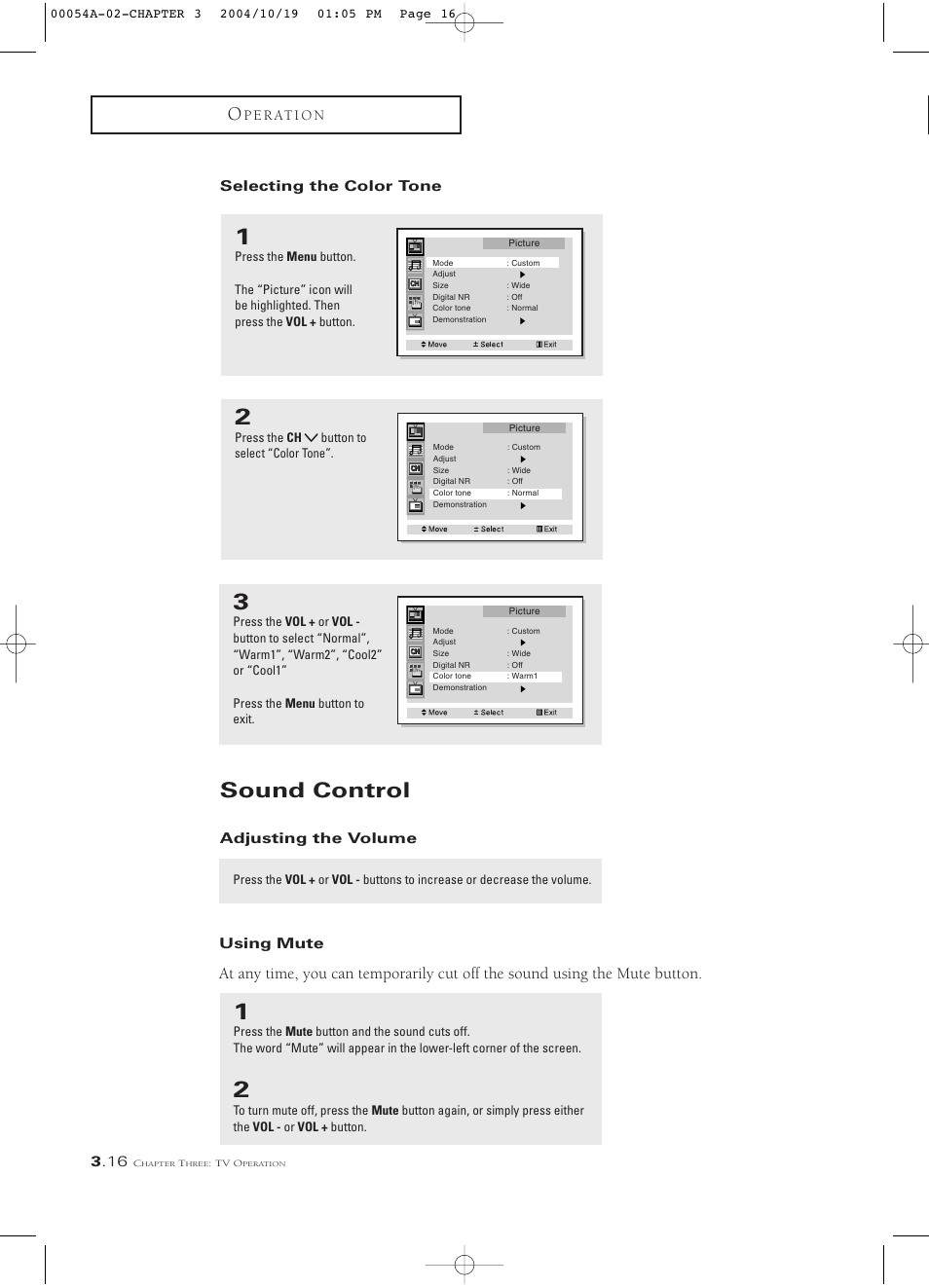 Selecting the color tone, Sound control, Adjusting the volume | Using mute | Samsung HCN553W User Manual | Page 40 / 71