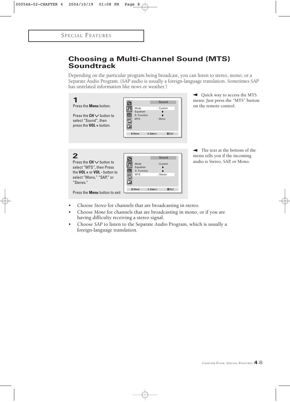 Choosing a multi-channel sound (mts) track, Choosing a multi-channel sound (mts) soundtrack | Samsung HCN553W User Manual | Page 53 / 71