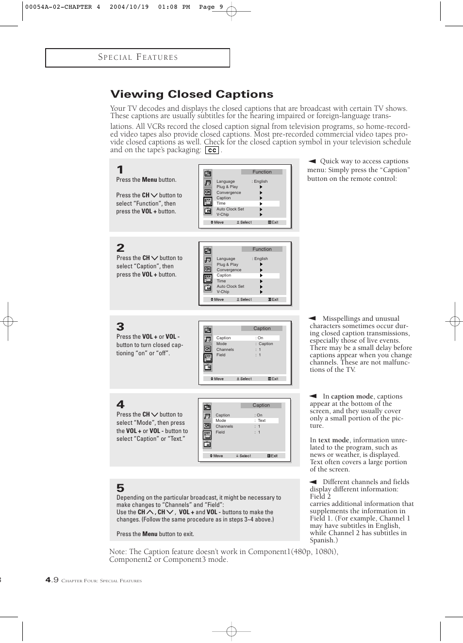 Viewing closed captions | Samsung HCN553W User Manual | Page 54 / 71