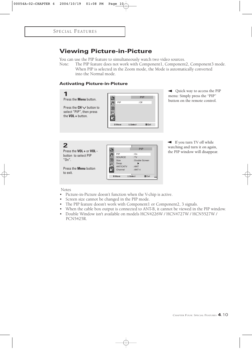 Viewing picture-in-picture, Activating picture-in-picture | Samsung HCN553W User Manual | Page 55 / 71