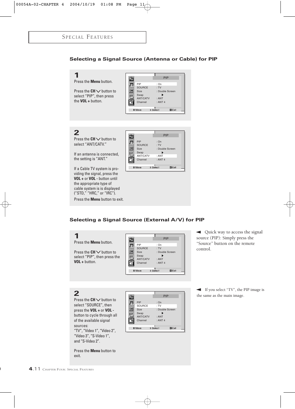 Selecting a signal source (external a/v) for pip | Samsung HCN553W User Manual | Page 56 / 71