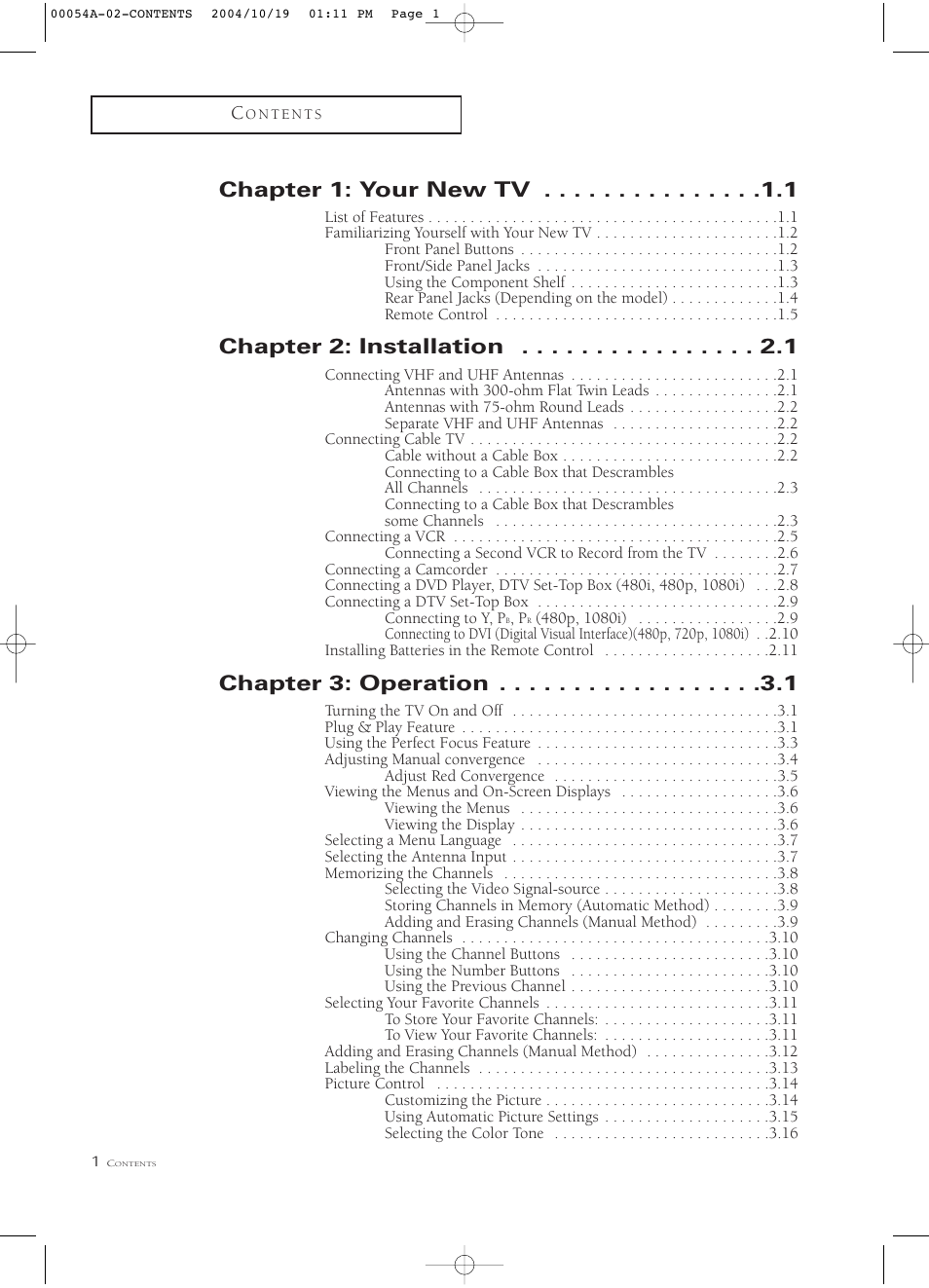 Chapter 1: your new tv, Chapter 2: installation, Chapter 3: operation | Samsung HCN553W User Manual | Page 6 / 71