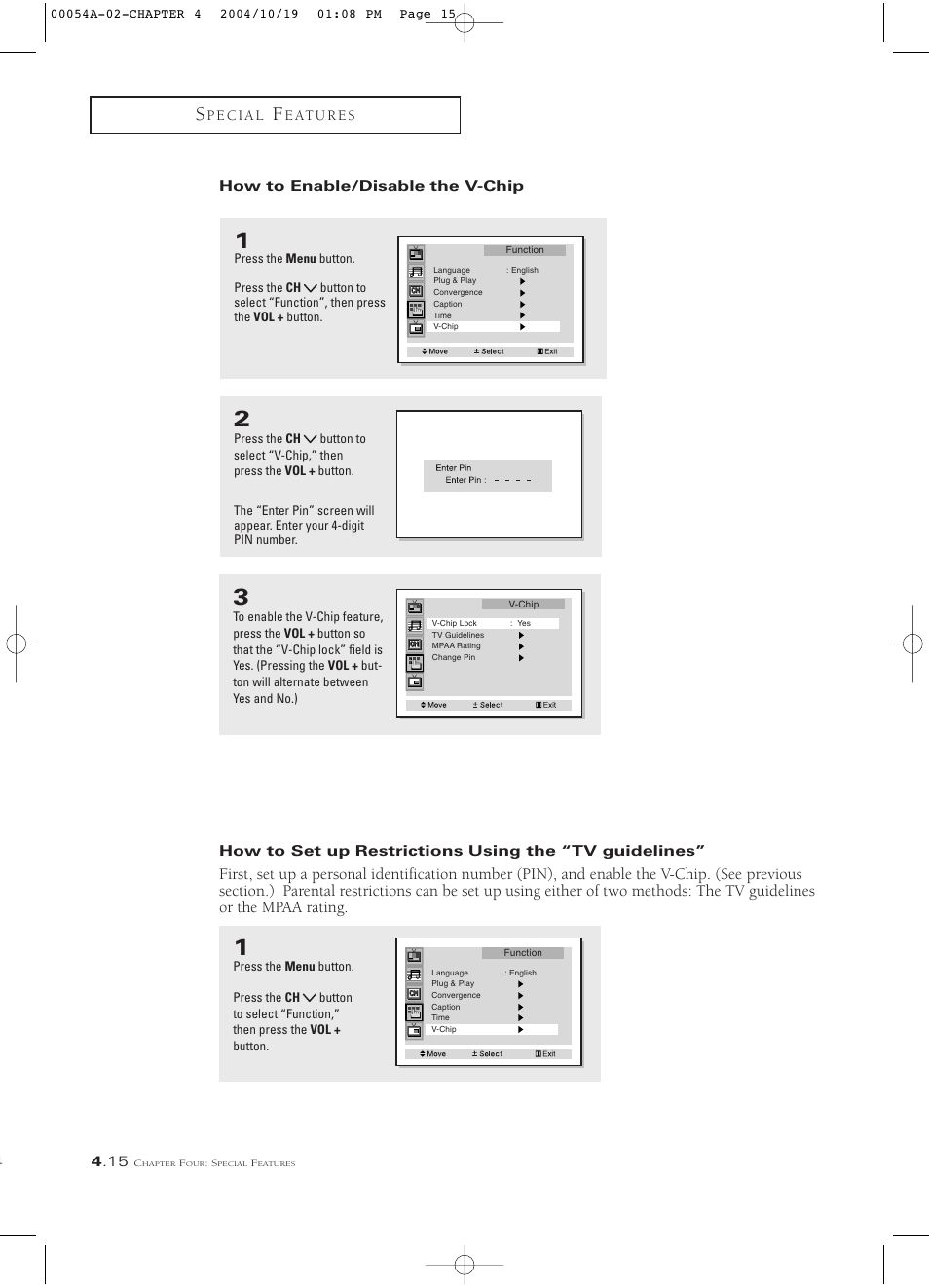 How to enable/disable the v-chip | Samsung HCN553W User Manual | Page 60 / 71