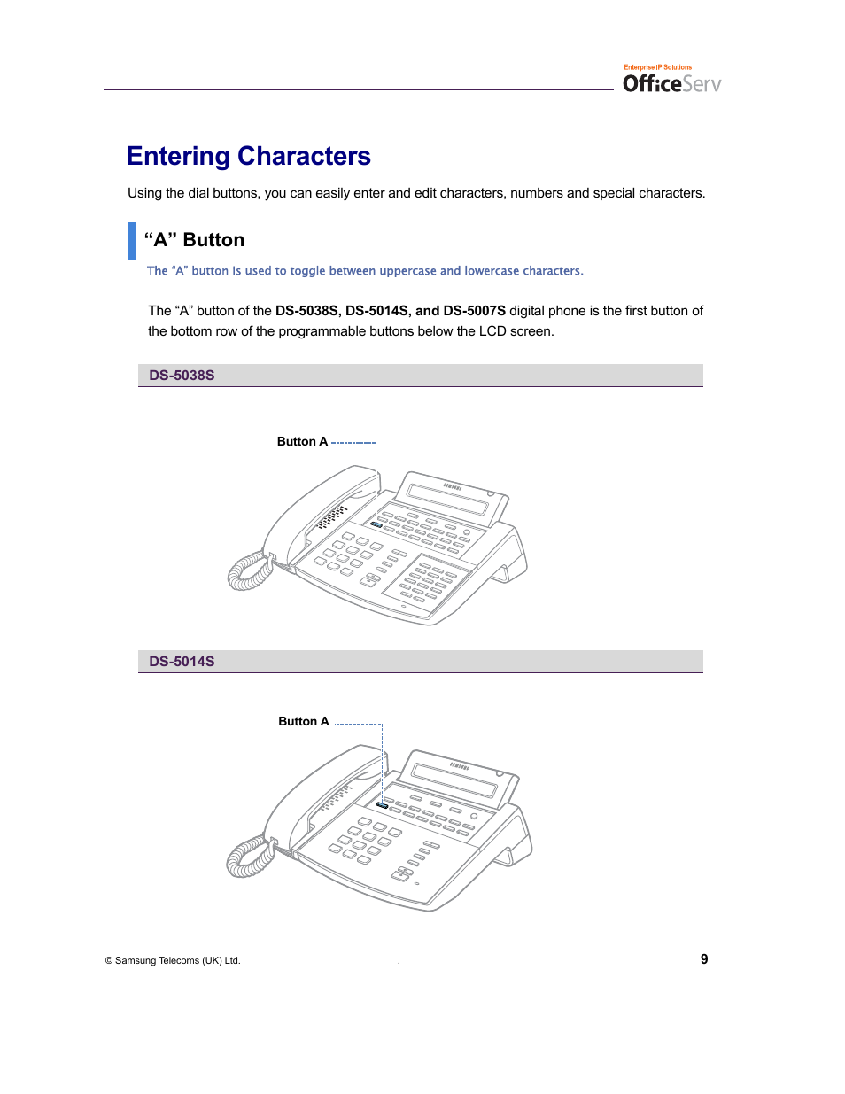 Entering characters, A” button | Samsung and DS-5007S User Manual | Page 12 / 29