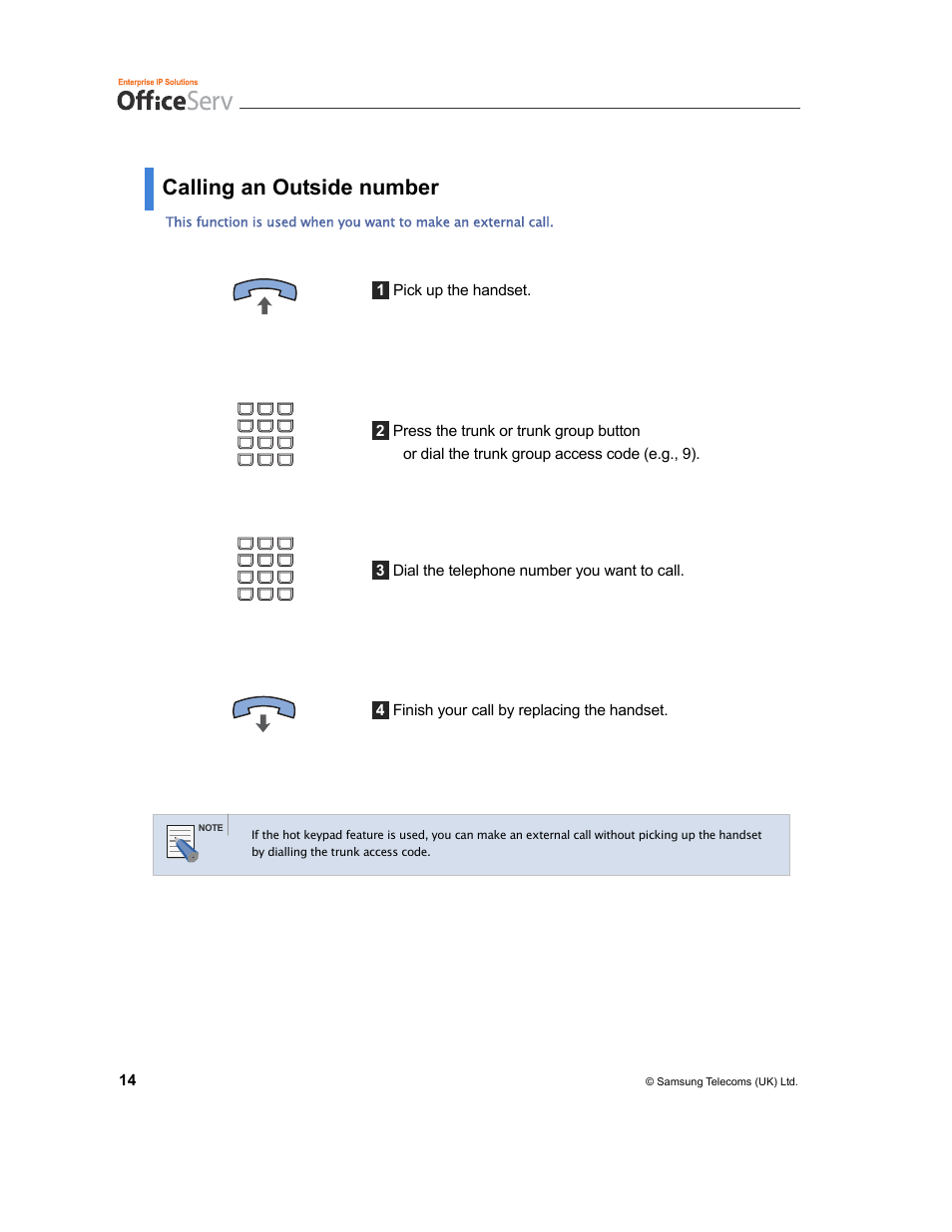 Calling an outside number | Samsung and DS-5007S User Manual | Page 17 / 29