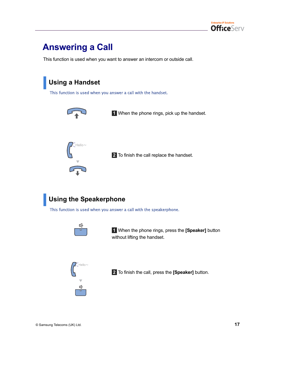 Answering a call, Using a handset, Using the speakerphone | Samsung and DS-5007S User Manual | Page 20 / 29