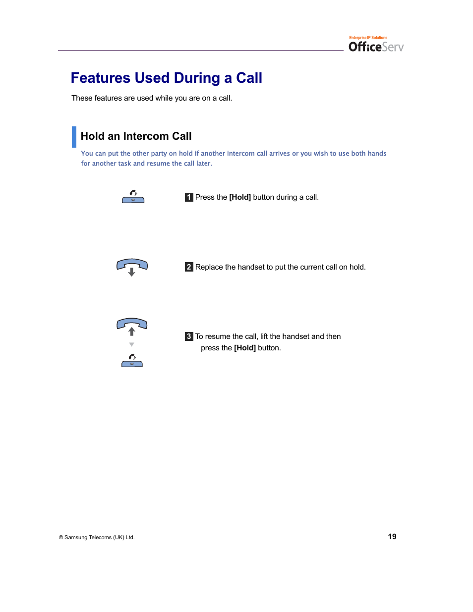 Features used during a call, Hold an intercom call | Samsung and DS-5007S User Manual | Page 22 / 29