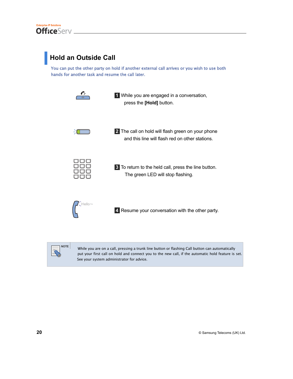 Hold an outside call | Samsung and DS-5007S User Manual | Page 23 / 29