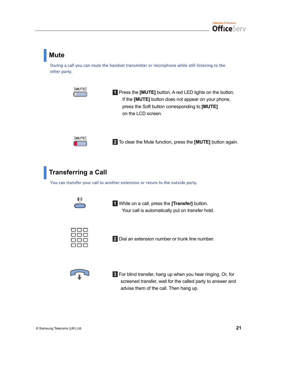 Mute, Transferring a call | Samsung and DS-5007S User Manual | Page 24 / 29