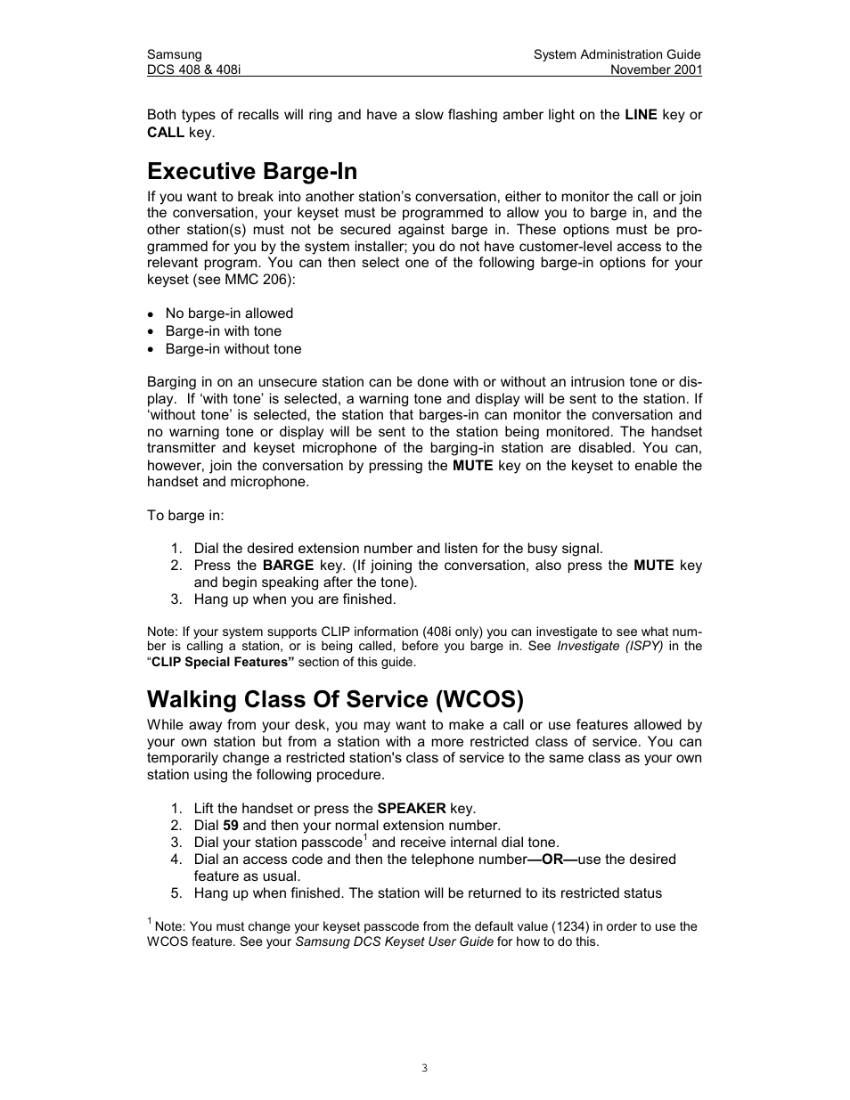 Executive barge-in, Walking class of service (wcos), In/out of group | Automatic night service | Samsung DCS-408i User Manual | Page 10 / 41