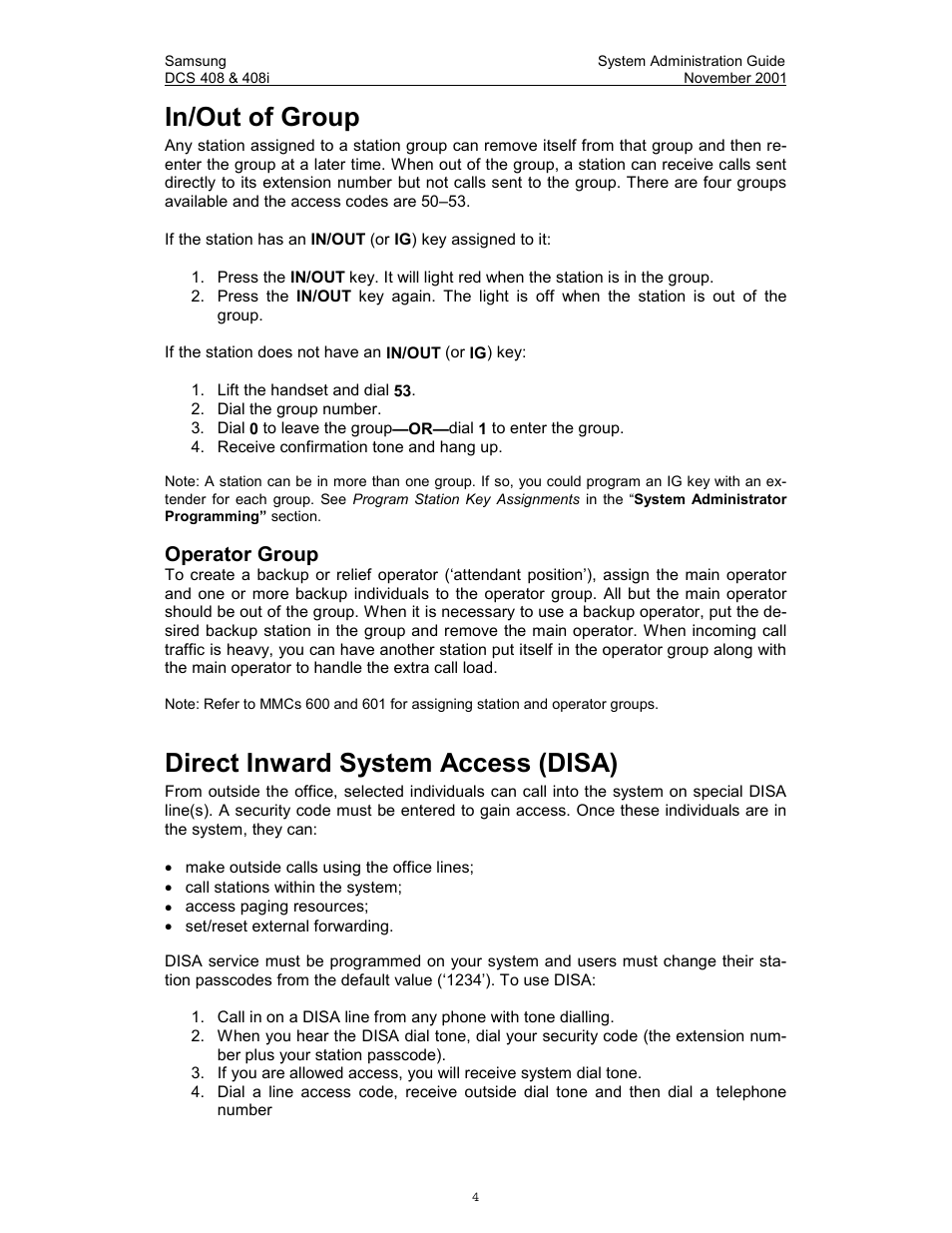 Direct inward system access (disa), Walking class of service (wcos), In/out of group | Operator group | Samsung DCS-408i User Manual | Page 11 / 41