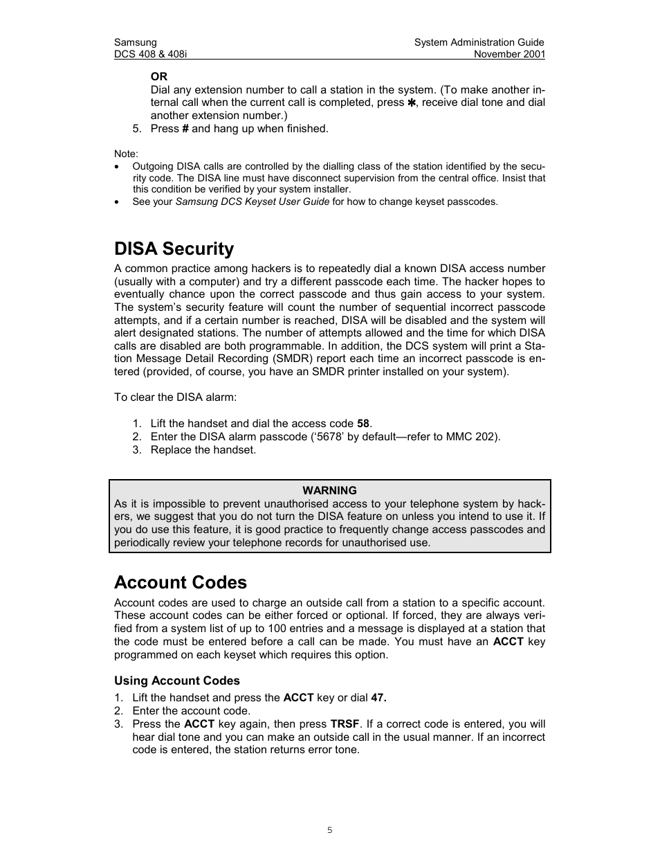Disa security, Account codes, In/out of group | Operator, Group | Samsung DCS-408i User Manual | Page 12 / 41