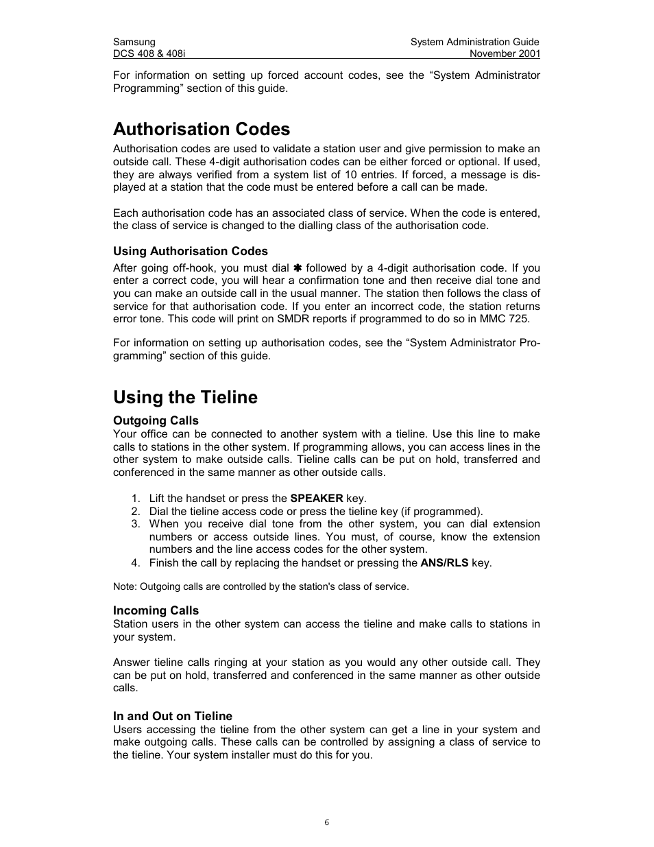 Authorisation codes, Using the tieline, Direct inward system access (disa) | Disa security | Samsung DCS-408i User Manual | Page 13 / 41