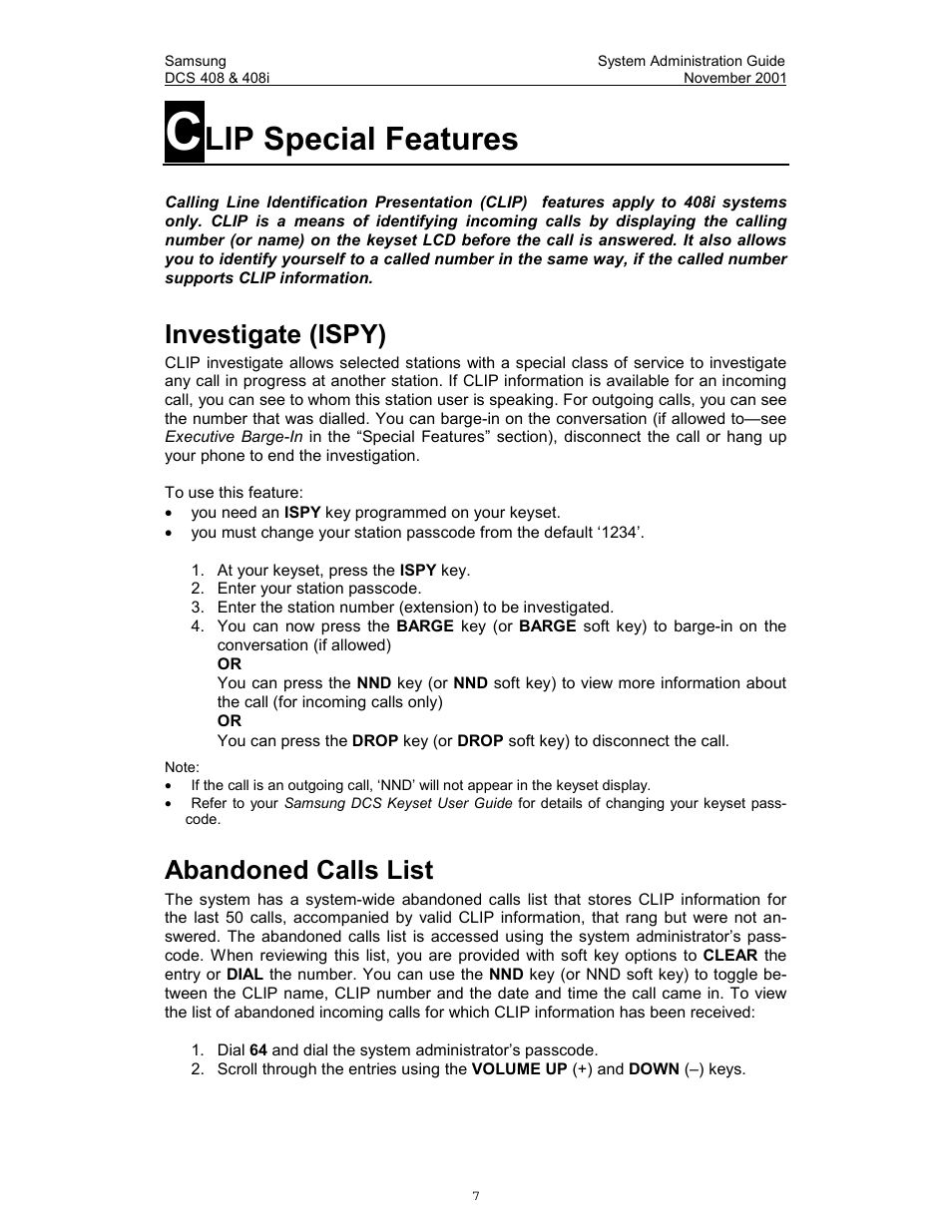 Clip special features, Investigate (ispy), Abandoned calls list | Clip, Calling line identification presentation), Lip special features | Samsung DCS-408i User Manual | Page 14 / 41