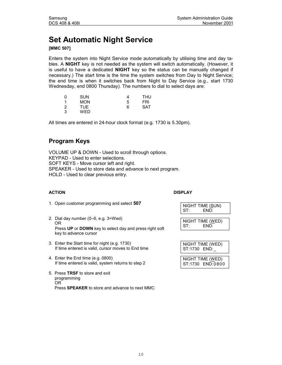 Set automatic night service, Program keys | Samsung DCS-408i User Manual | Page 17 / 41