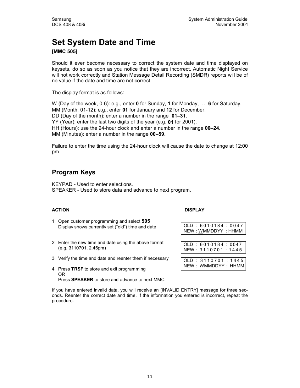 Set system date and time, Program keys | Samsung DCS-408i User Manual | Page 18 / 41