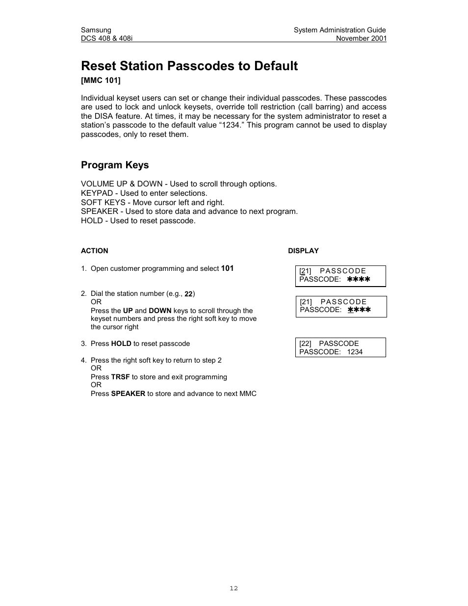 Reset station passcodes to default, Program keys | Samsung DCS-408i User Manual | Page 19 / 41