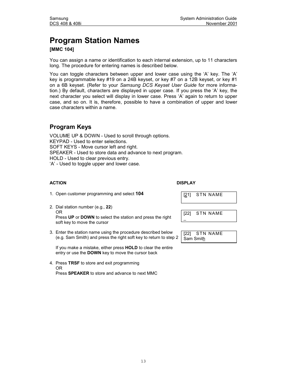 Program station names, Program keys | Samsung DCS-408i User Manual | Page 20 / 41