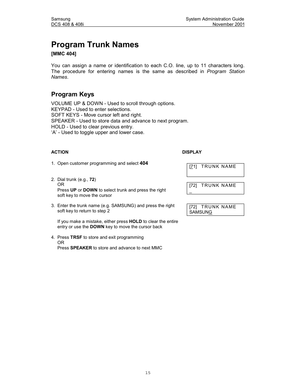 Program trunk names, Program keys | Samsung DCS-408i User Manual | Page 22 / 41