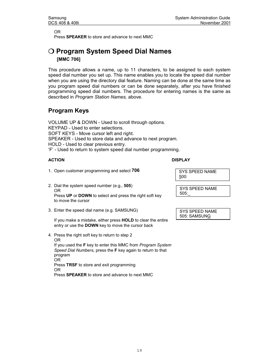 Program system speed dial names, Samsung, System administration g | 408 & 408i november, Program keys | Samsung DCS-408i User Manual | Page 26 / 41