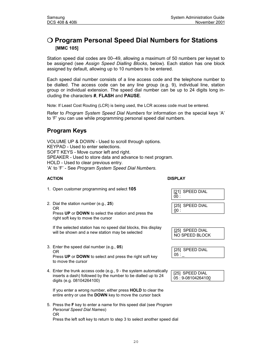 Program personal speed dial numbers for stations, Program keys | Samsung DCS-408i User Manual | Page 27 / 41