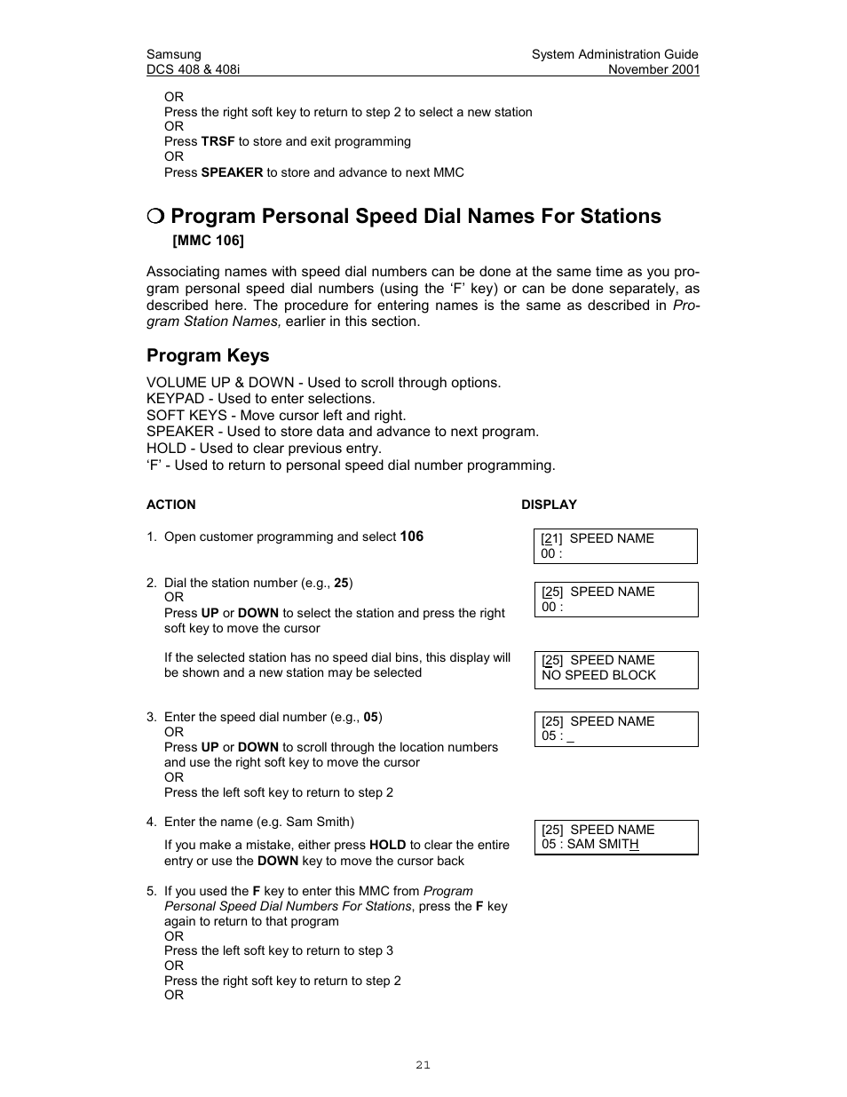 Program personal speed dial names for stations, System administrator programming, Program keys | Samsung DCS-408i User Manual | Page 28 / 41