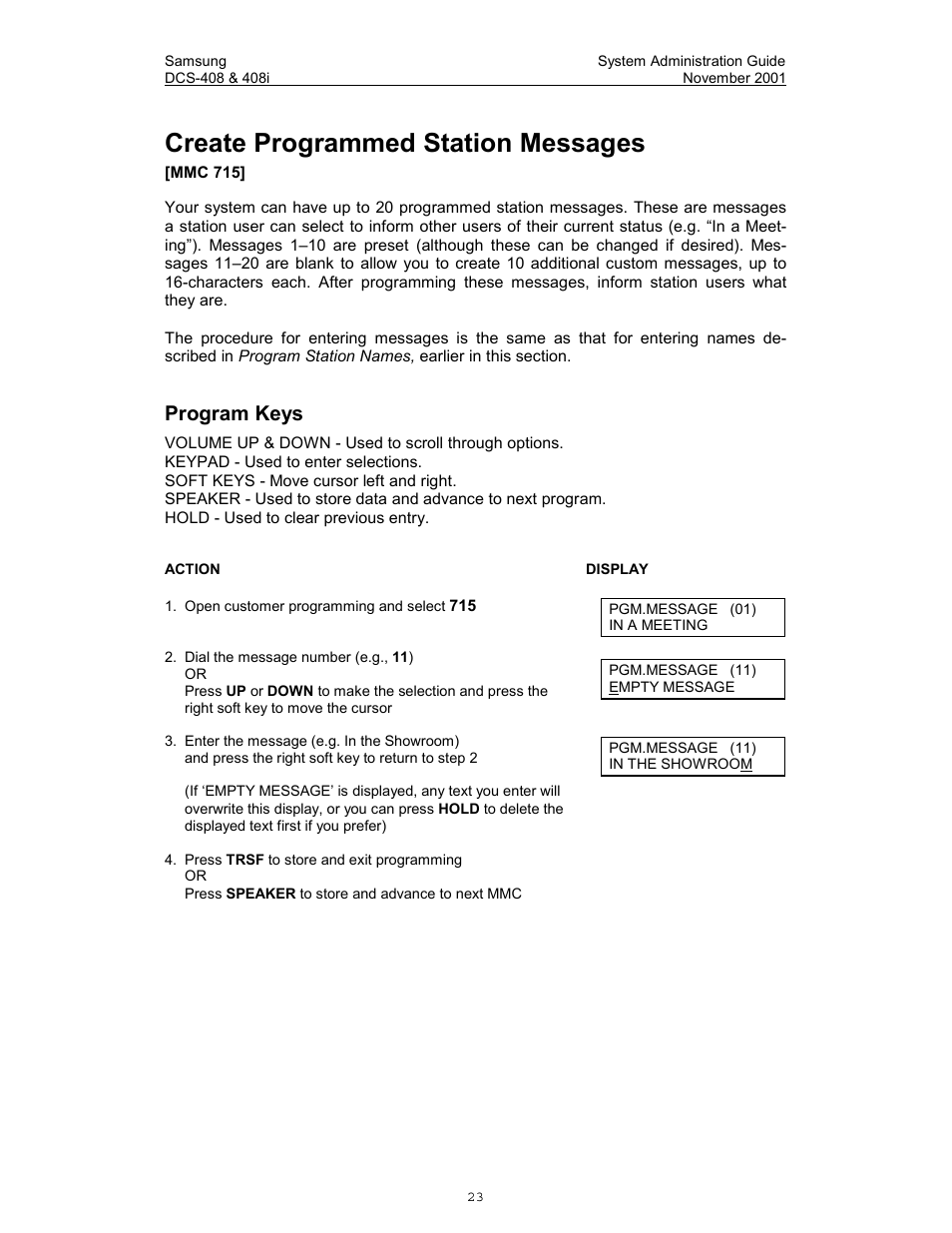 Create programmed station messages, Program keys | Samsung DCS-408i User Manual | Page 30 / 41