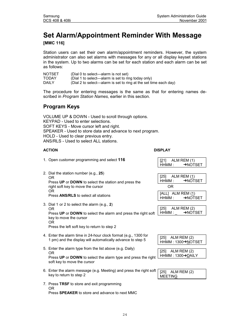 Set alarm/appointment reminder with message, Program keys | Samsung DCS-408i User Manual | Page 31 / 41
