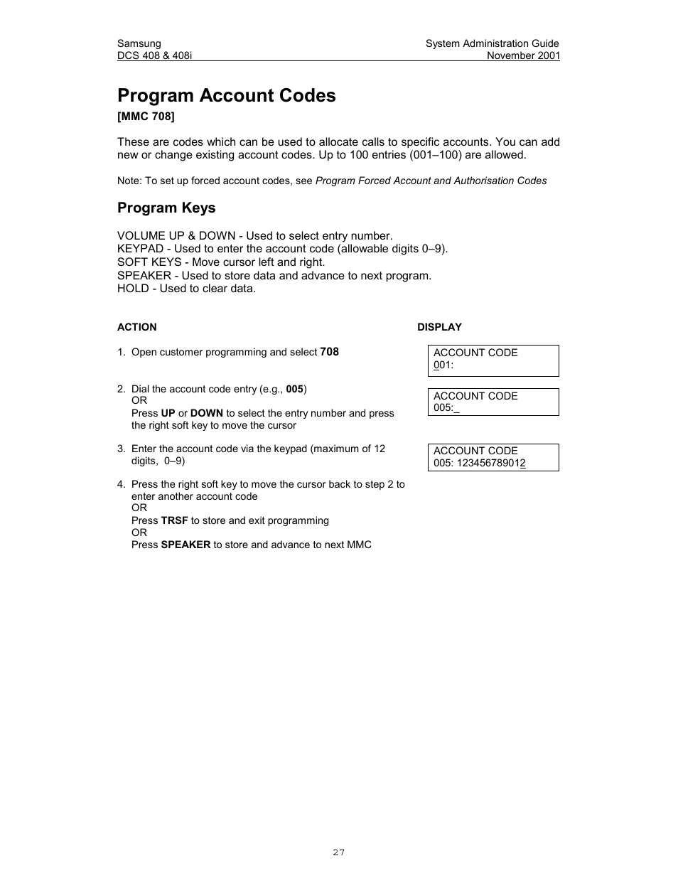 Program account codes, Program station names, Program keys | Samsung DCS-408i User Manual | Page 34 / 41