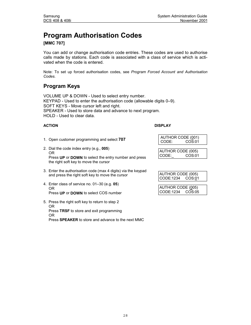 Program authorisation codes, Program keys | Samsung DCS-408i User Manual | Page 35 / 41