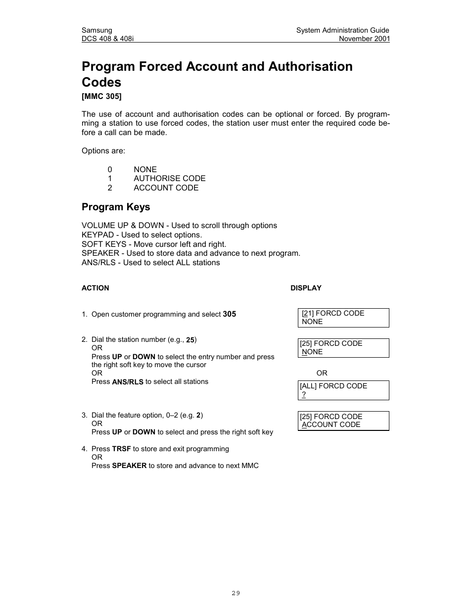 Program forced account and authorisation codes, Program keys | Samsung DCS-408i User Manual | Page 36 / 41