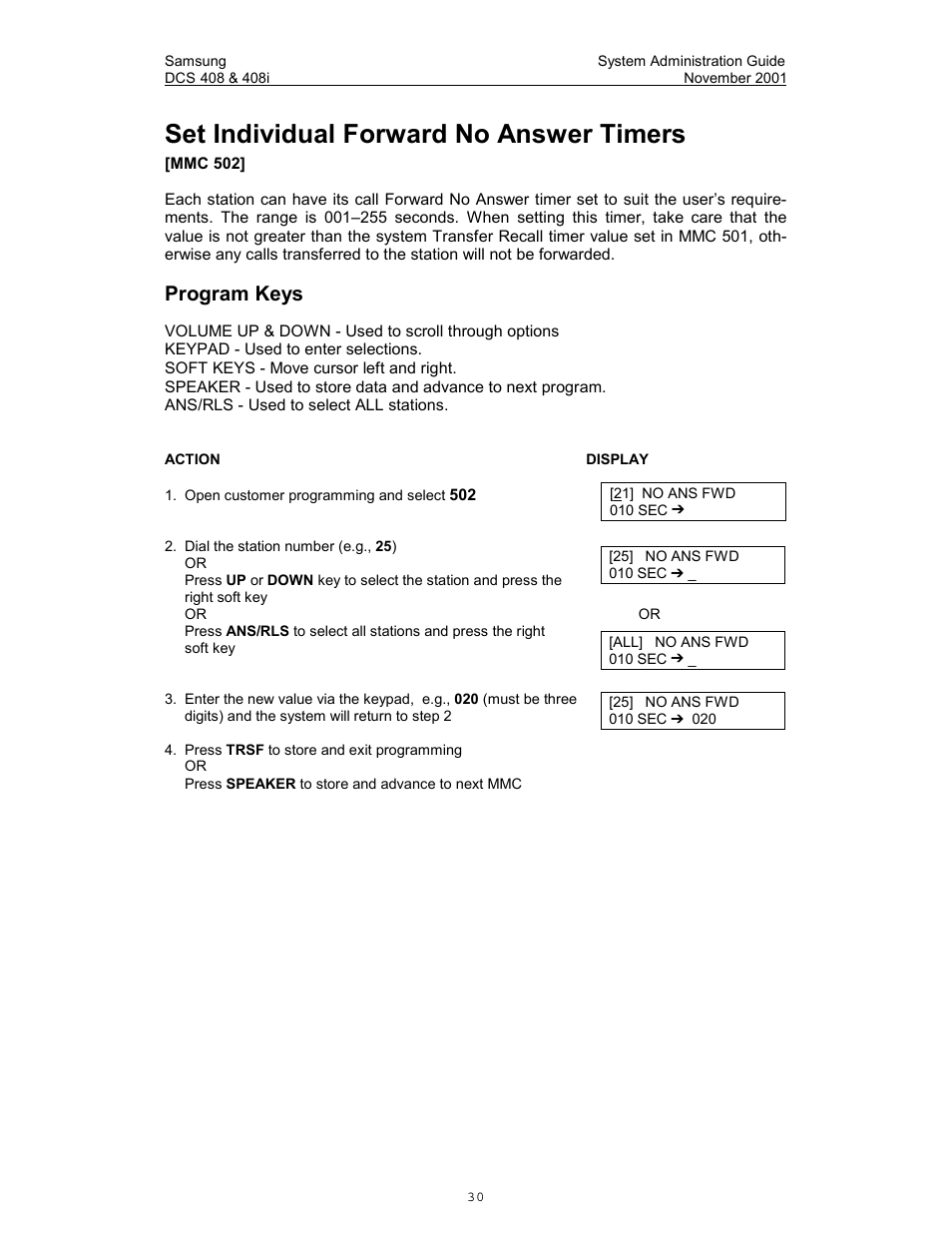 Set individual forward no answer timers, Program speed dialling numbers and names, Program keys | Samsung DCS-408i User Manual | Page 37 / 41