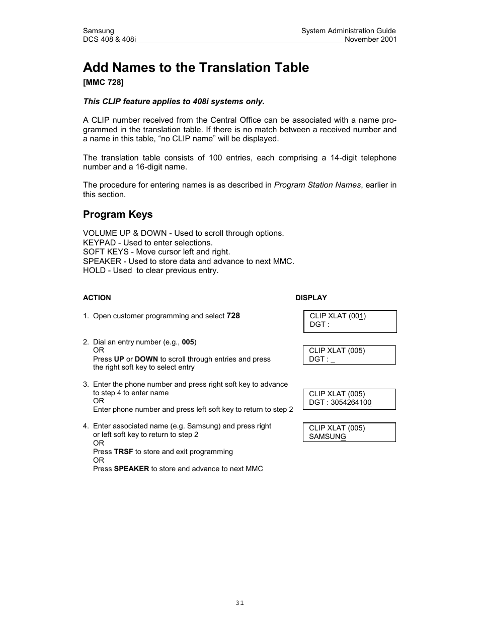 Add names to the translation table, Program system speed dial numbers, Program keys | Samsung DCS-408i User Manual | Page 38 / 41