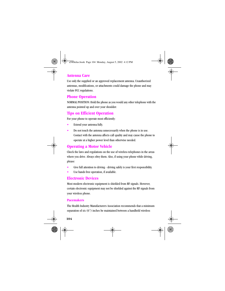 Heading2 - antenna care, Heading2 - phone operation, Heading2 - tips on efficient operation | Heading2 - operating a motor vehicle, Heading2 - electronic devices, Pacemakers, Antenna care, Phone operation, Tips on efficient operation, Operating a motor vehicle | Samsung SPH-A540 User Manual | Page 104 / 124