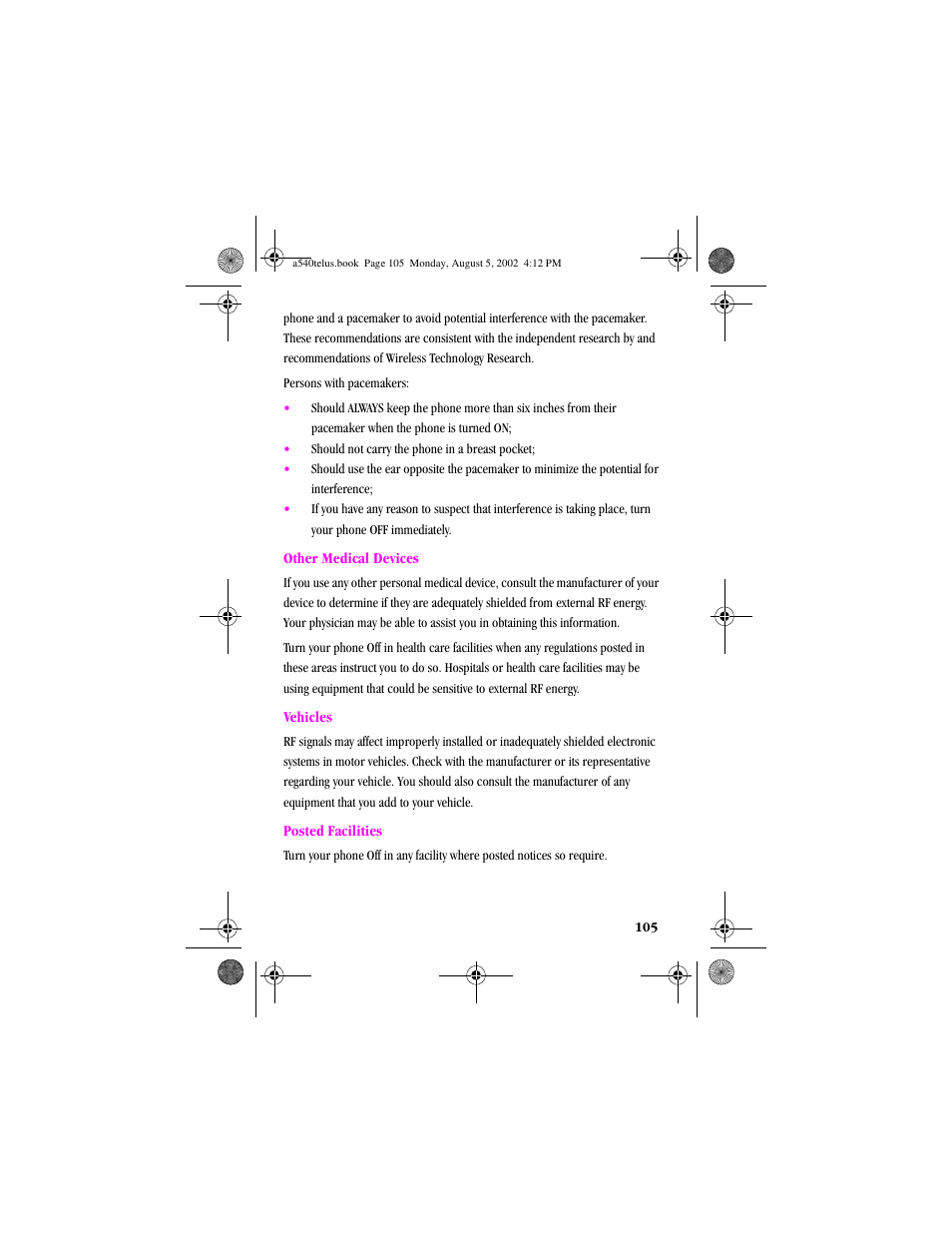 Other medical devices vehicles posted facilities | Samsung SPH-A540 User Manual | Page 105 / 124