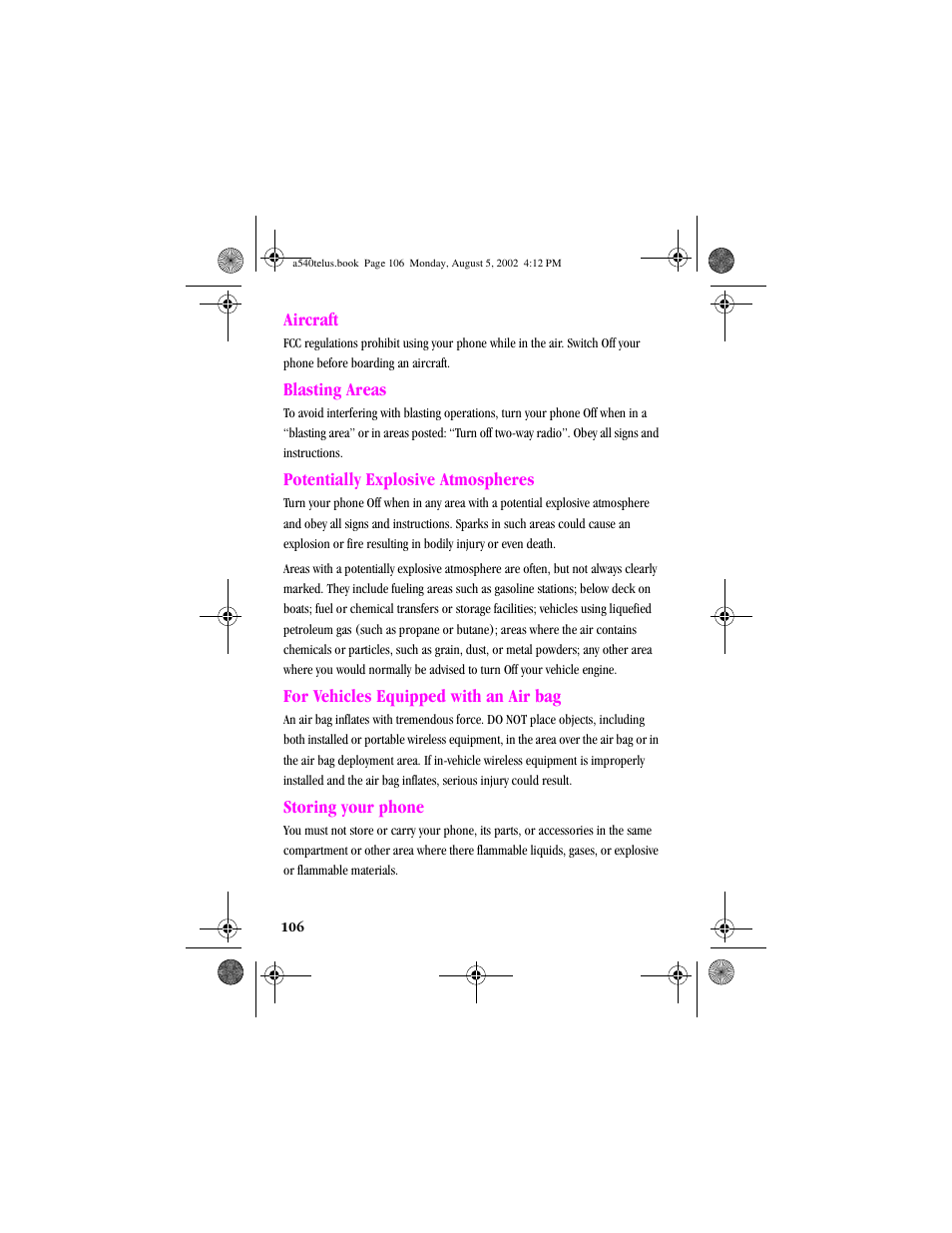 Heading2 - aircraft, Heading2 - blasting areas, Heading2 - potentially explosive atmospheres | Heading2 - for vehicles equipped with an air bag, Heading2 - storing your phone | Samsung SPH-A540 User Manual | Page 106 / 124