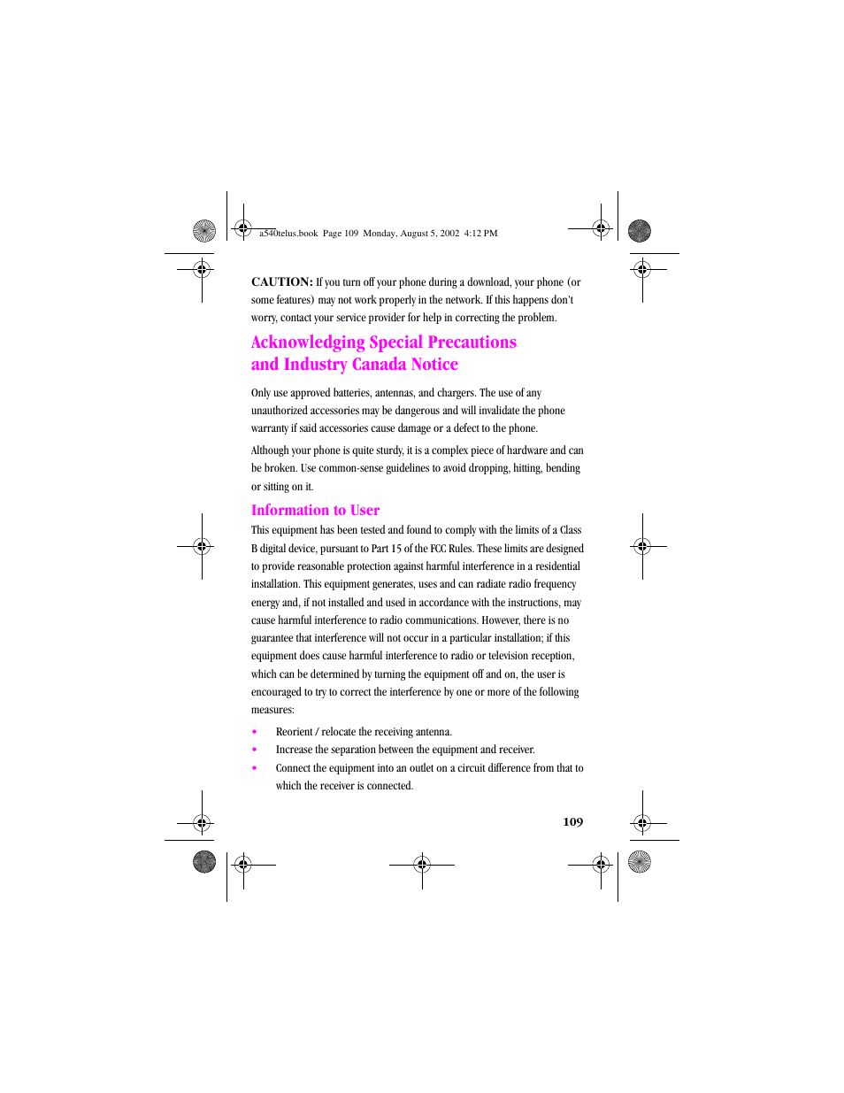 Heading2 - information to user, Information to user | Samsung SPH-A540 User Manual | Page 109 / 124