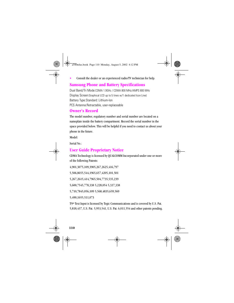 Heading2 - owner's record, Heading2 - user guide proprietary notice, Samsung phone and battery specifications | Owner's record, User guide proprietary notice | Samsung SPH-A540 User Manual | Page 110 / 124