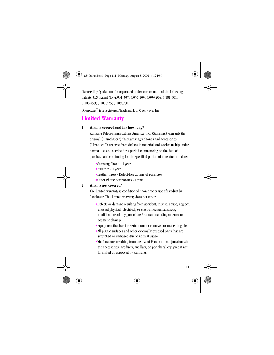 Heading1 - limited warranty, Limited warranty | Samsung SPH-A540 User Manual | Page 111 / 124