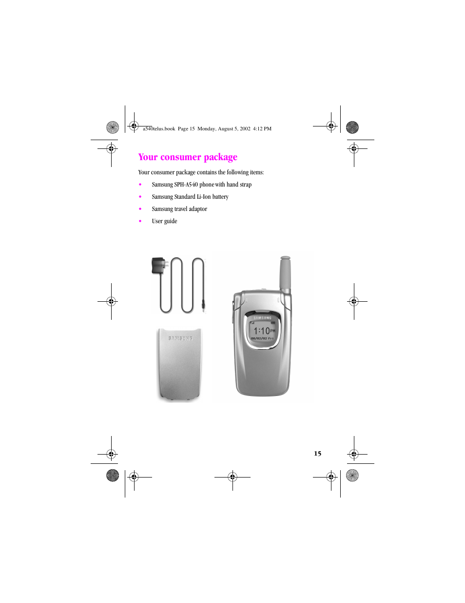 Heading1 - yourconsumerpackage, Your consumer package | Samsung SPH-A540 User Manual | Page 15 / 124