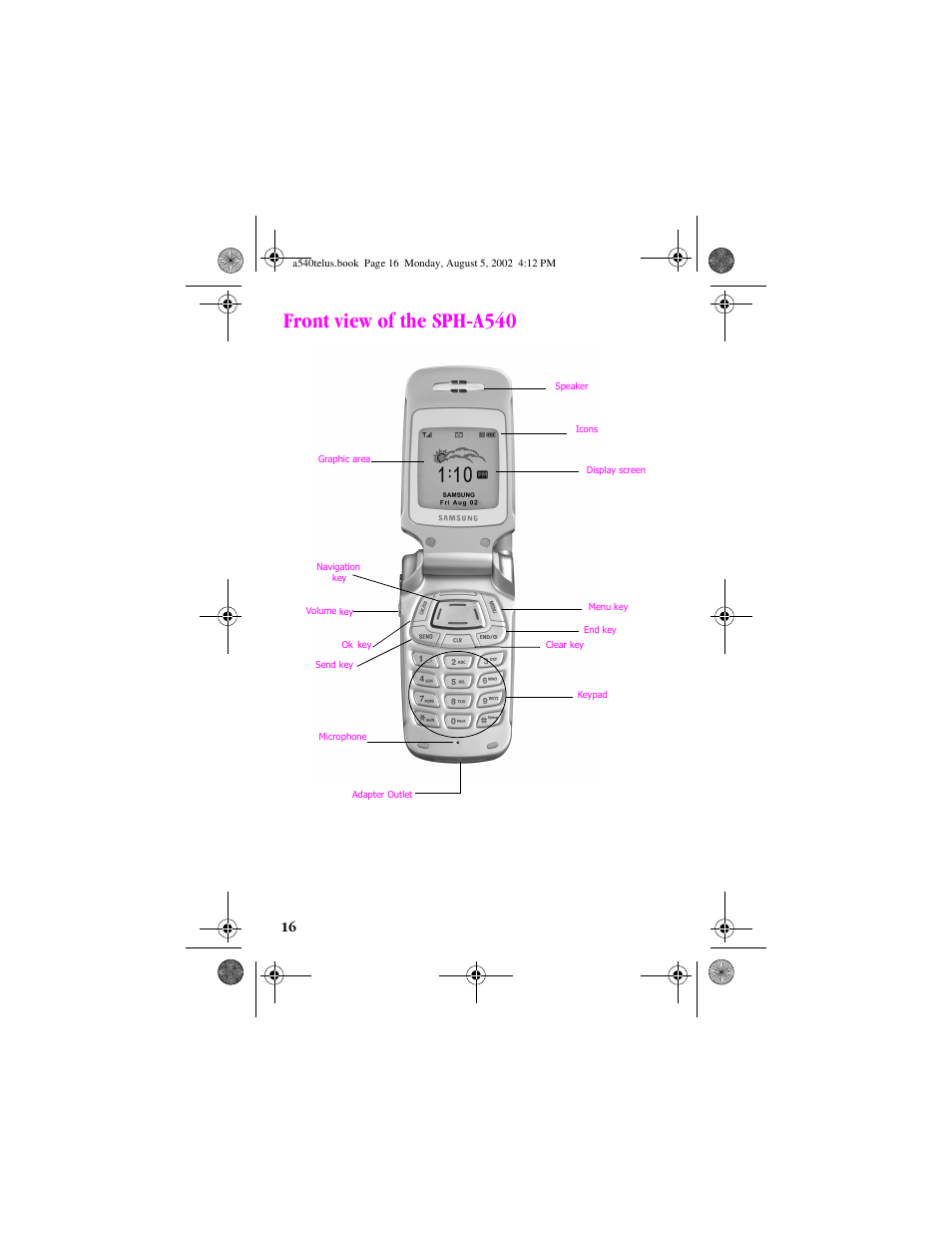 Heading1 - front view of the sph-a540, Front view of the sph-a540 | Samsung SPH-A540 User Manual | Page 16 / 124