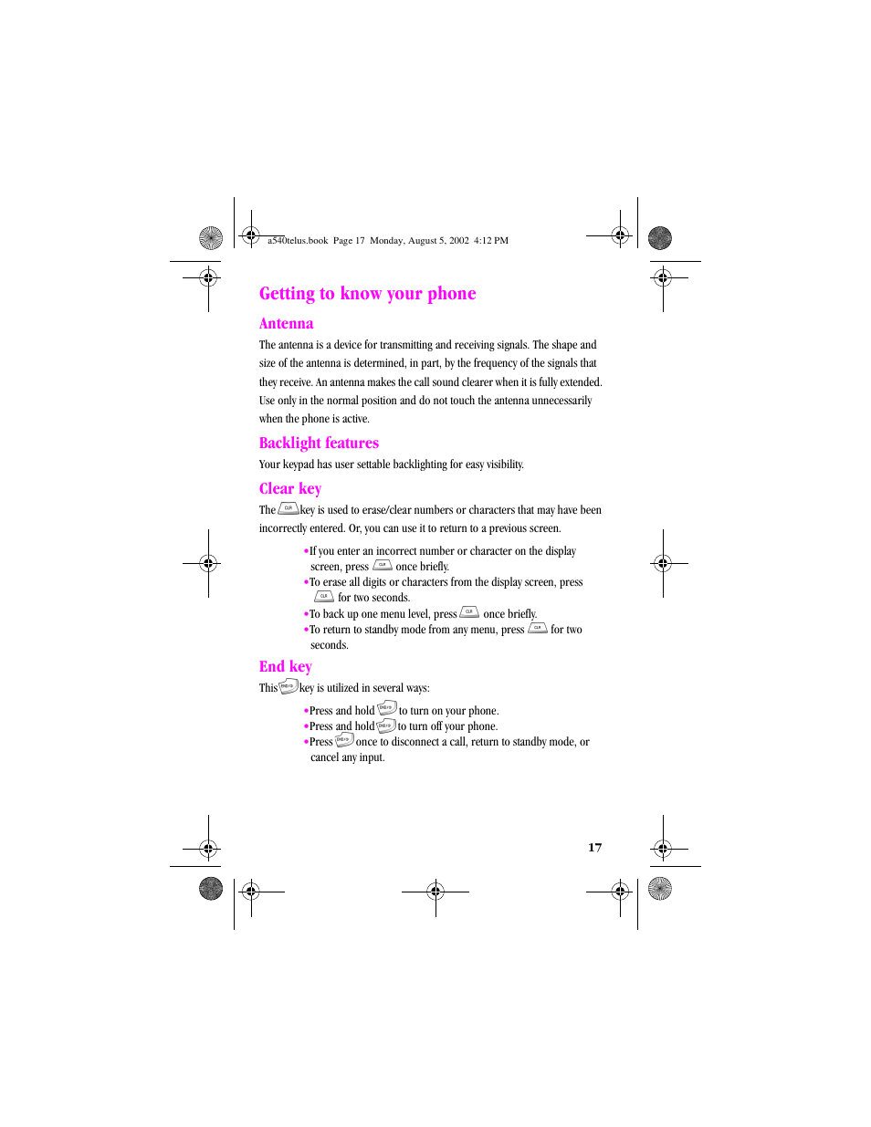 Heading1 - getting to know your phone, Heading2 - antenna, Heading2 - backlight features | Heading2 - clear key, Heading2 - end key, Getting to know your phone, Antenna backlight features clear key end key, Antenna, Backlight features, Clear key | Samsung SPH-A540 User Manual | Page 17 / 124