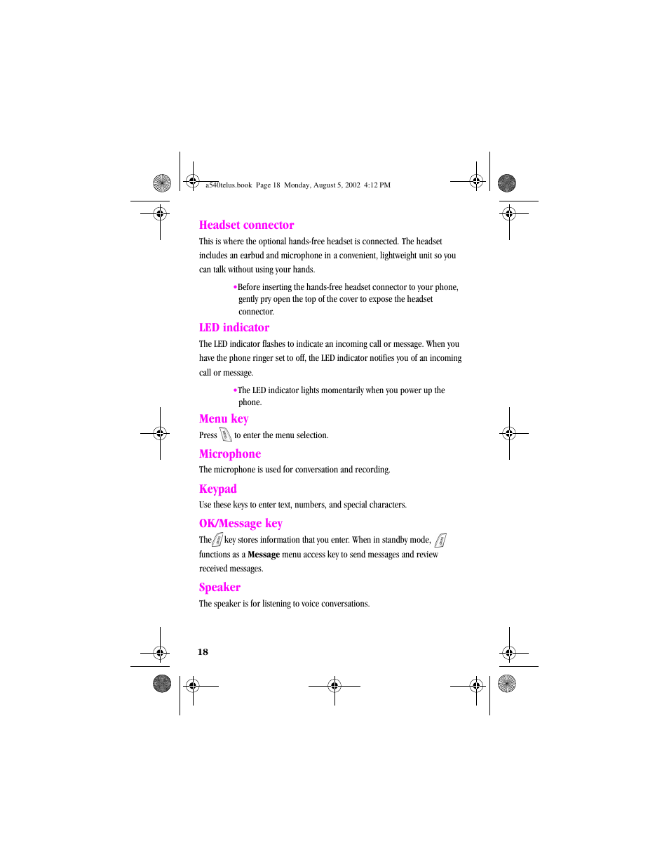 Heading2 - headset connector, Heading2 - led indicator, Heading2 - menu key | Heading2 - microphone, Heading2 - keypad, Heading2 - ok/message key, Heading2 - speaker, Headset connector led in, Menu key microphone keypad ok/message key speaker | Samsung SPH-A540 User Manual | Page 18 / 124