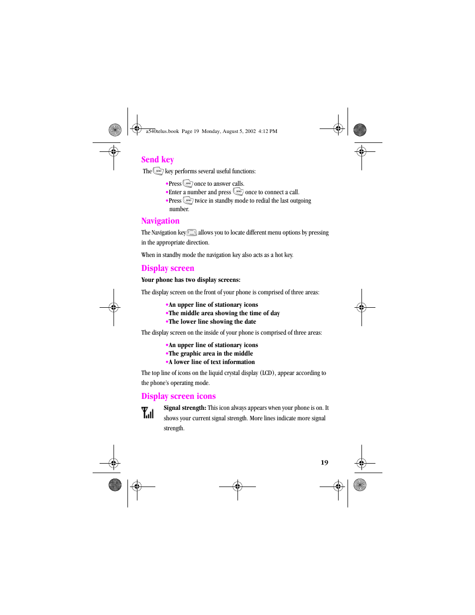 Heading2 - send key, Heading2 - navigation, Heading2 - display screen | Heading2 - display screen icons, Send key, Navigation, Display screen, Display screen icons | Samsung SPH-A540 User Manual | Page 19 / 124