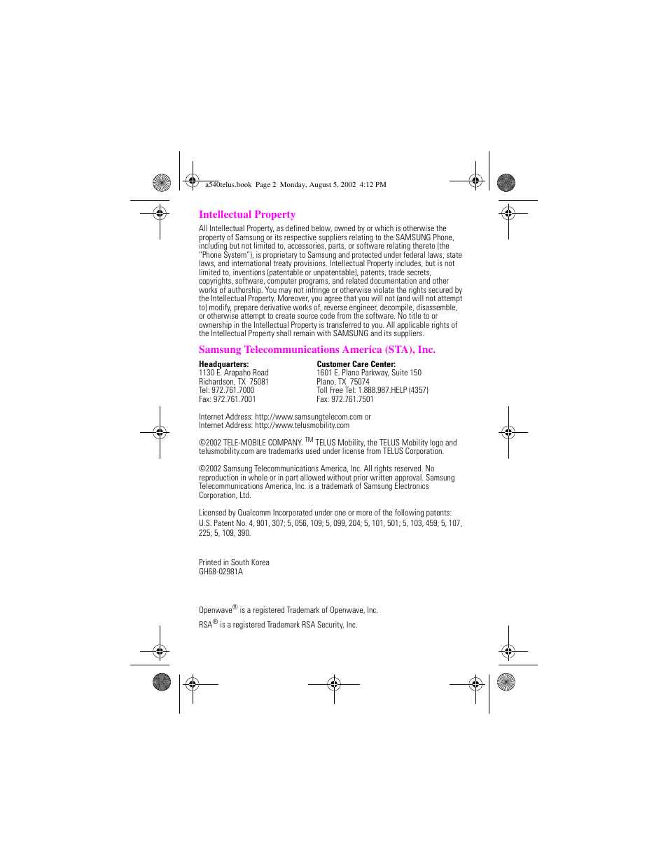 Samsung SPH-A540 User Manual | Page 2 / 124