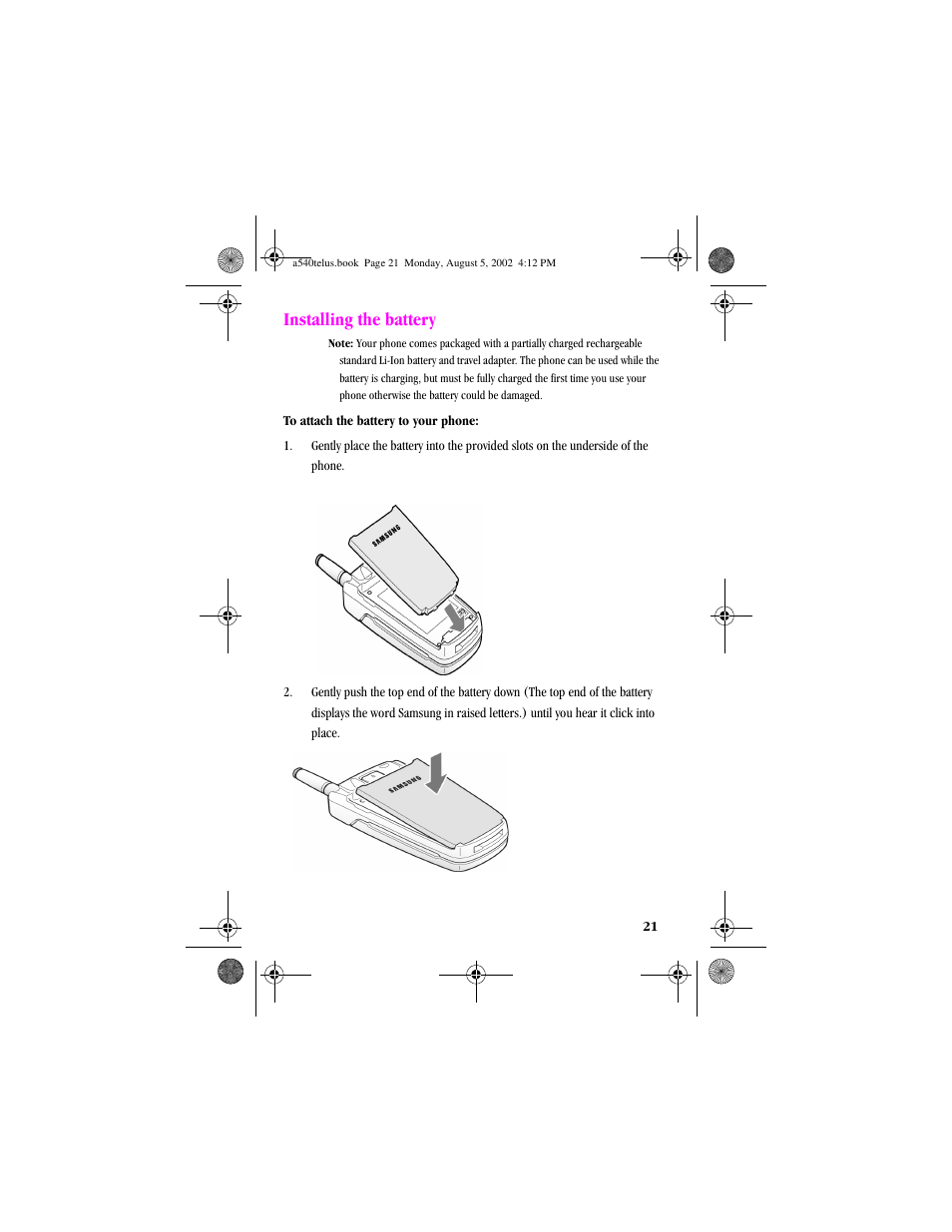 Heading2 - installingthebattery, Installing the battery | Samsung SPH-A540 User Manual | Page 21 / 124